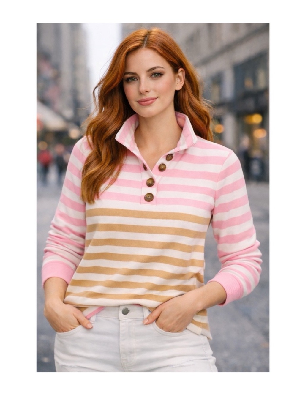 J. Crew Womens Mock Button Neck Striped Long Sleeve Blouse Pink Brown Medium